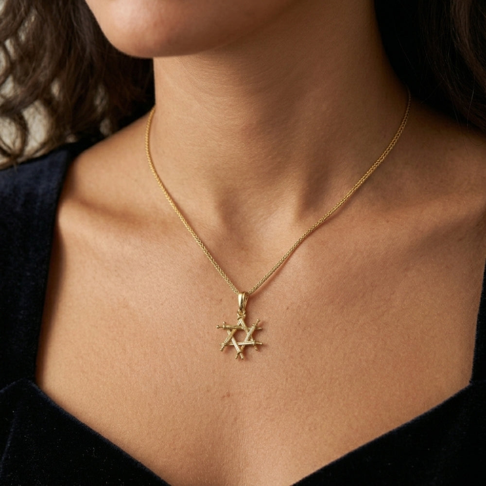 14K Solid Gold Iron Swords Star of David Pendant – Magen David Haravot Barzel Jewish Necklace