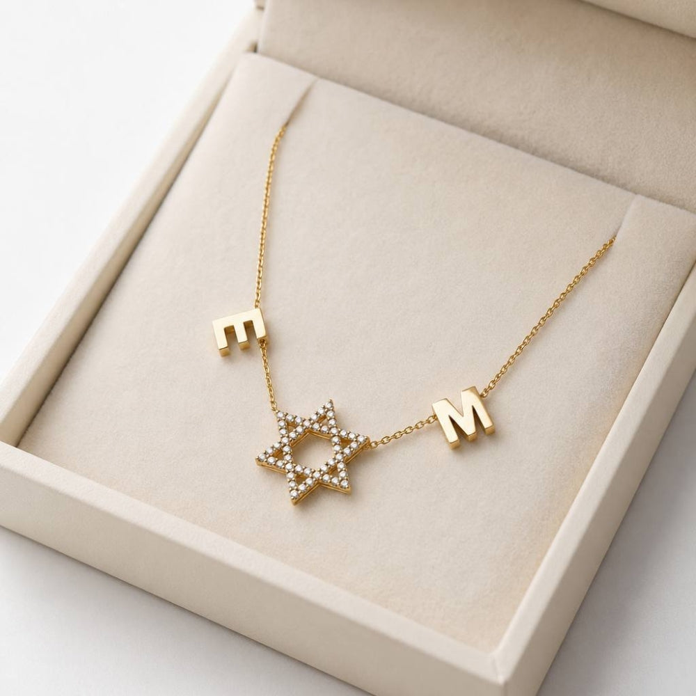 14K Gold Diamond Star of David Personalized Initials Necklace