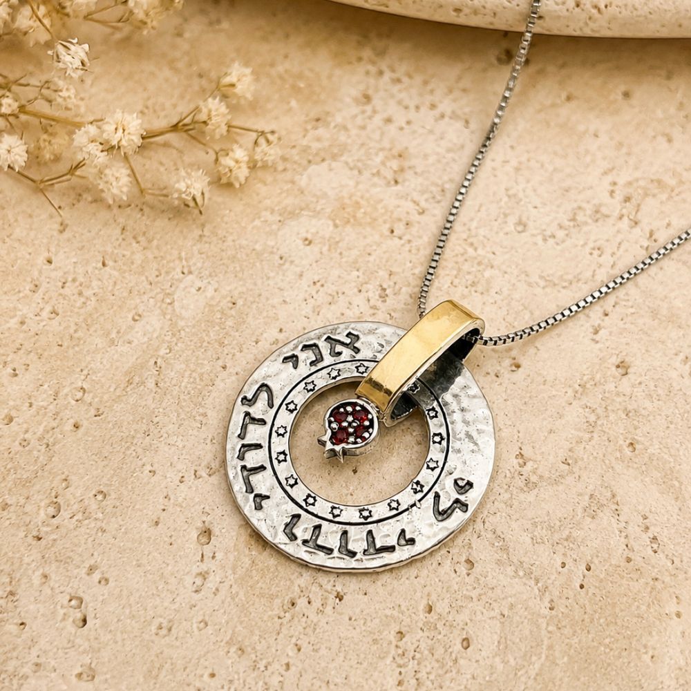 Ani L'Dodi V'Dodi Li Pomegranate Necklace in 9K Gold & Sterling Silver with Garnet Stone
