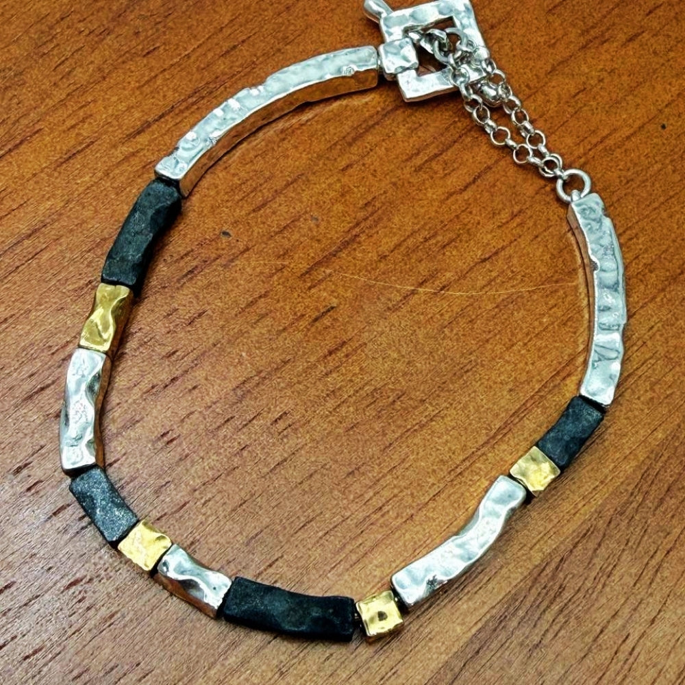 Handcrafted Israeli Mixed-Metal Bar Bracelet – Silver, Oxidized Silver & Gold Plated