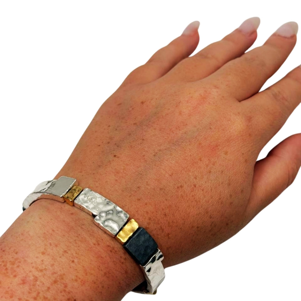Israeli Silver Bracelet – Oxidized Silver & Gold Plated Lightweight Jewelry