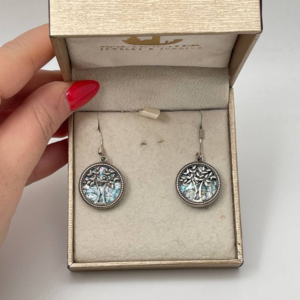Tree of Life Earrings with Roman Glass in Sterling Silver