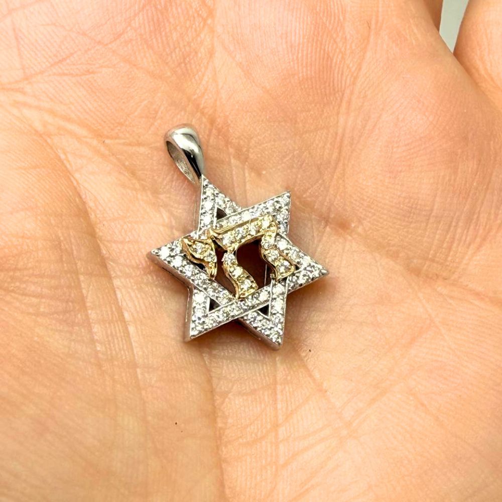 14K Two-Tone Gold Star of David & Chai Diamond Pendant