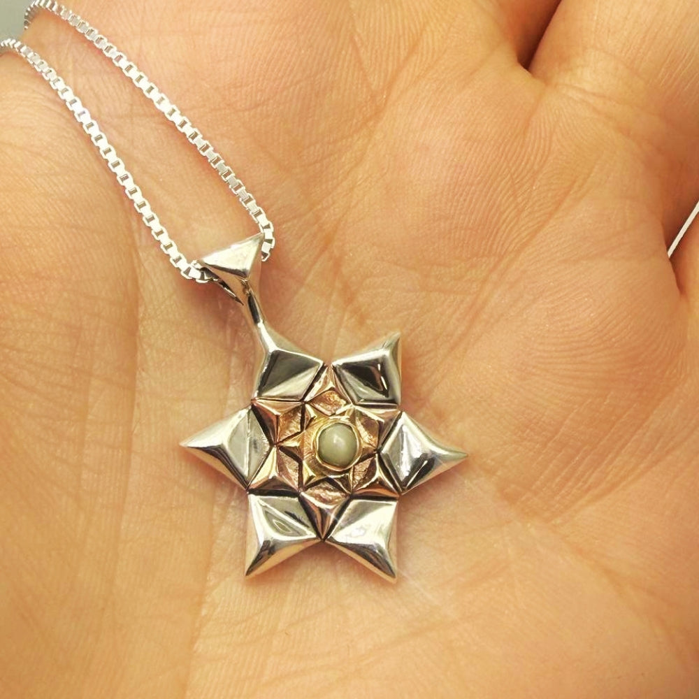 14K Gold and Silver Star of David with Chrysoberyl Kabbalah Pendant Chain Set