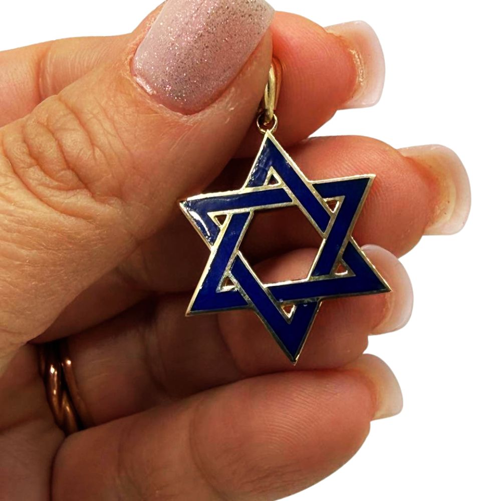 14K Gold Blue Enamel Star of David Pendant