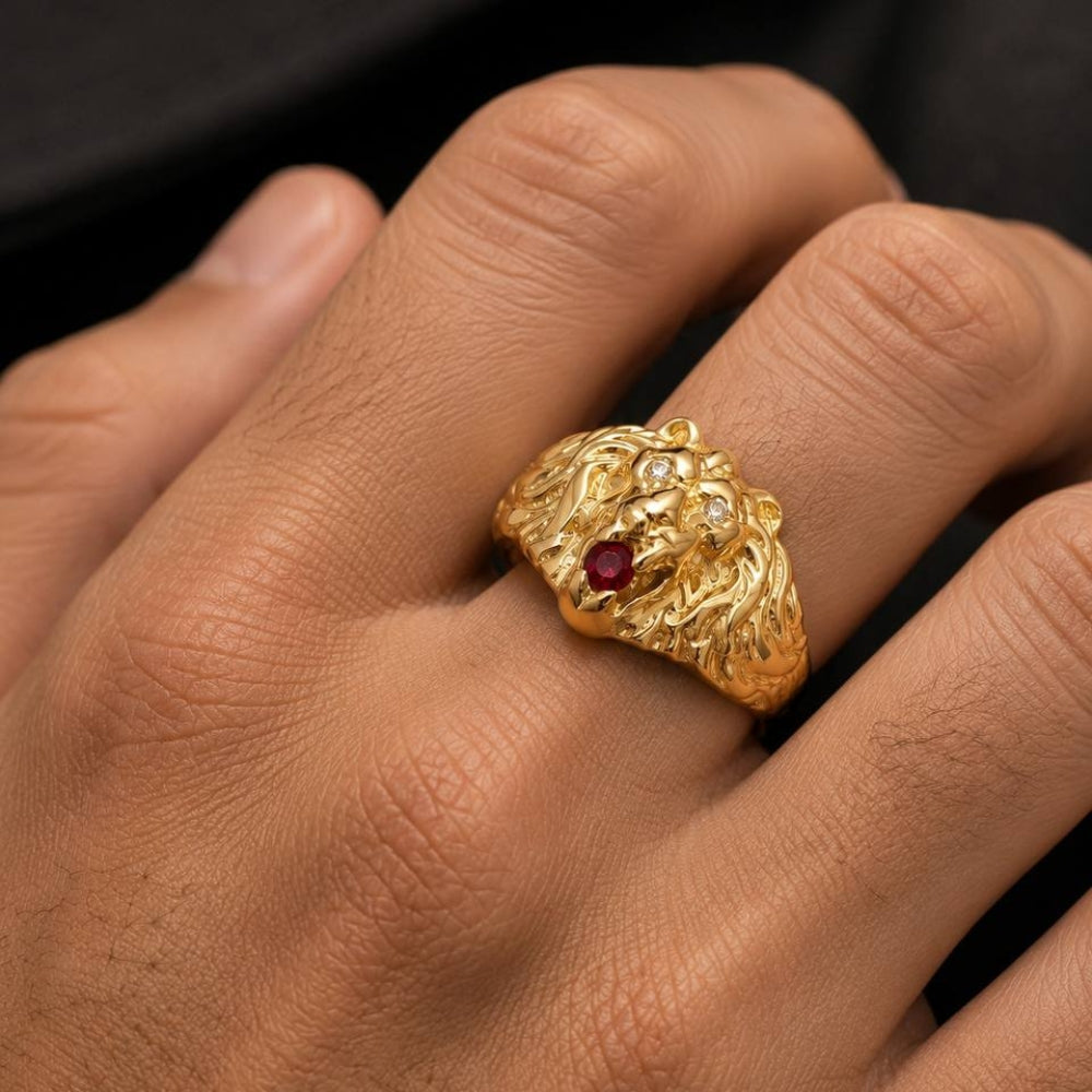 Diamond Lion of Judah Ruby Ring in 14k Yellow Gold