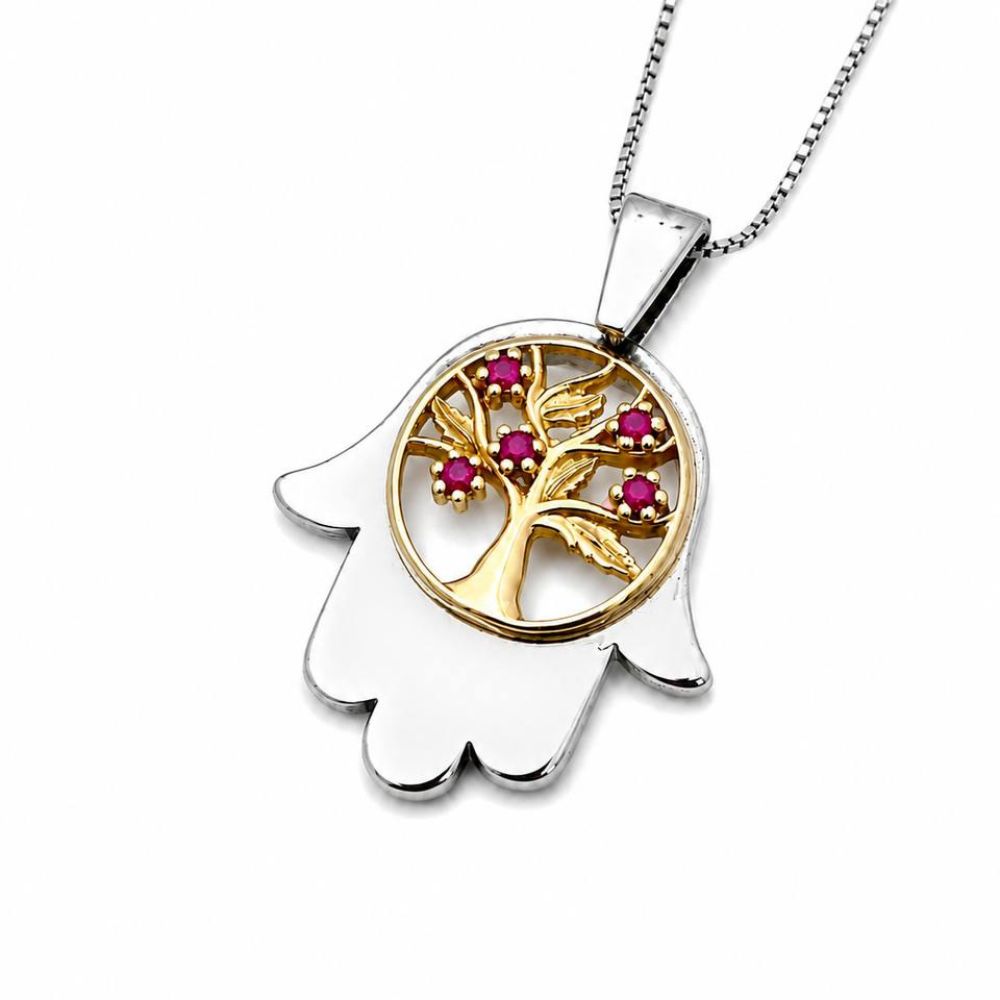 Sterling Silver & Gold Hamsa Tree of Life Pendant Necklace with Genuine Rubies