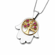 Sterling Silver & Gold Hamsa Tree of Life Pendant Necklace with Genuine Rubies