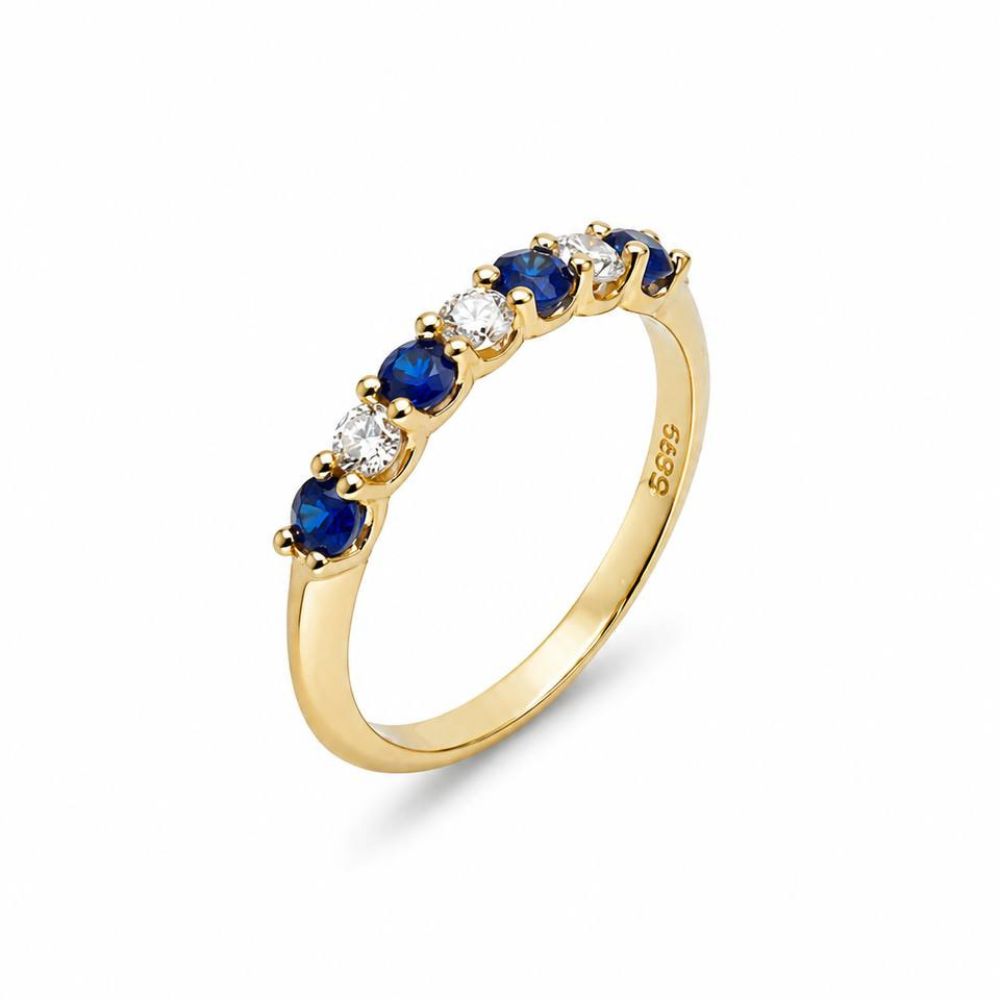 Sapphire & Diamond Half Eternity Band Ring in 14k Yellow Gold
