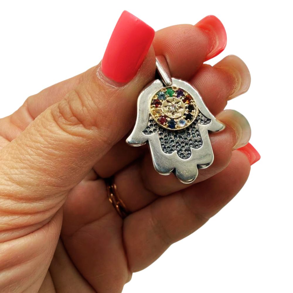 Sterling Silver & 9K Gold Hamsa Necklace with Round Hoshen Gemstones