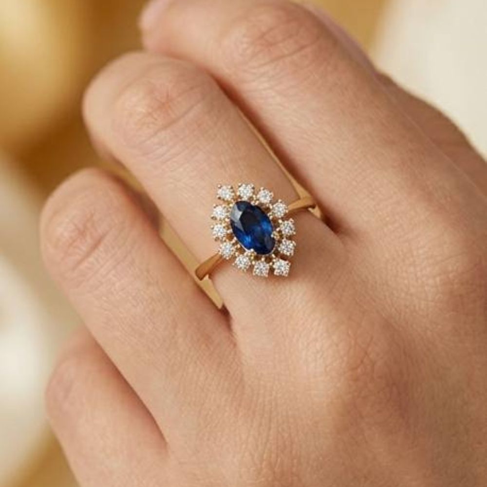 14K Yellow Gold Sapphire & Diamond Halo Ring