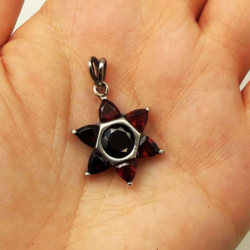 925 Sterling Silver Natural Garnet Star of David Pendant  Magen David Necklace