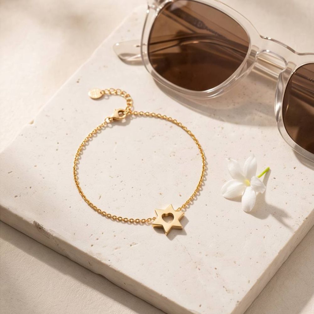 14K Yellow Gold Star of David Heart Bracelet