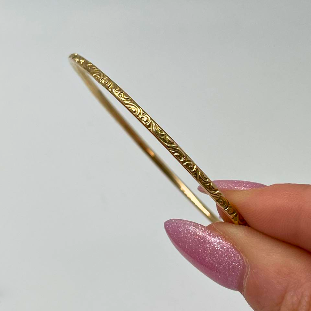 14K Gold Moroccan Bangle - Thin with Etched Design