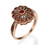 Gold Garnet Ring - 14K Rose Gold Antique Style Garnet Flower Ring