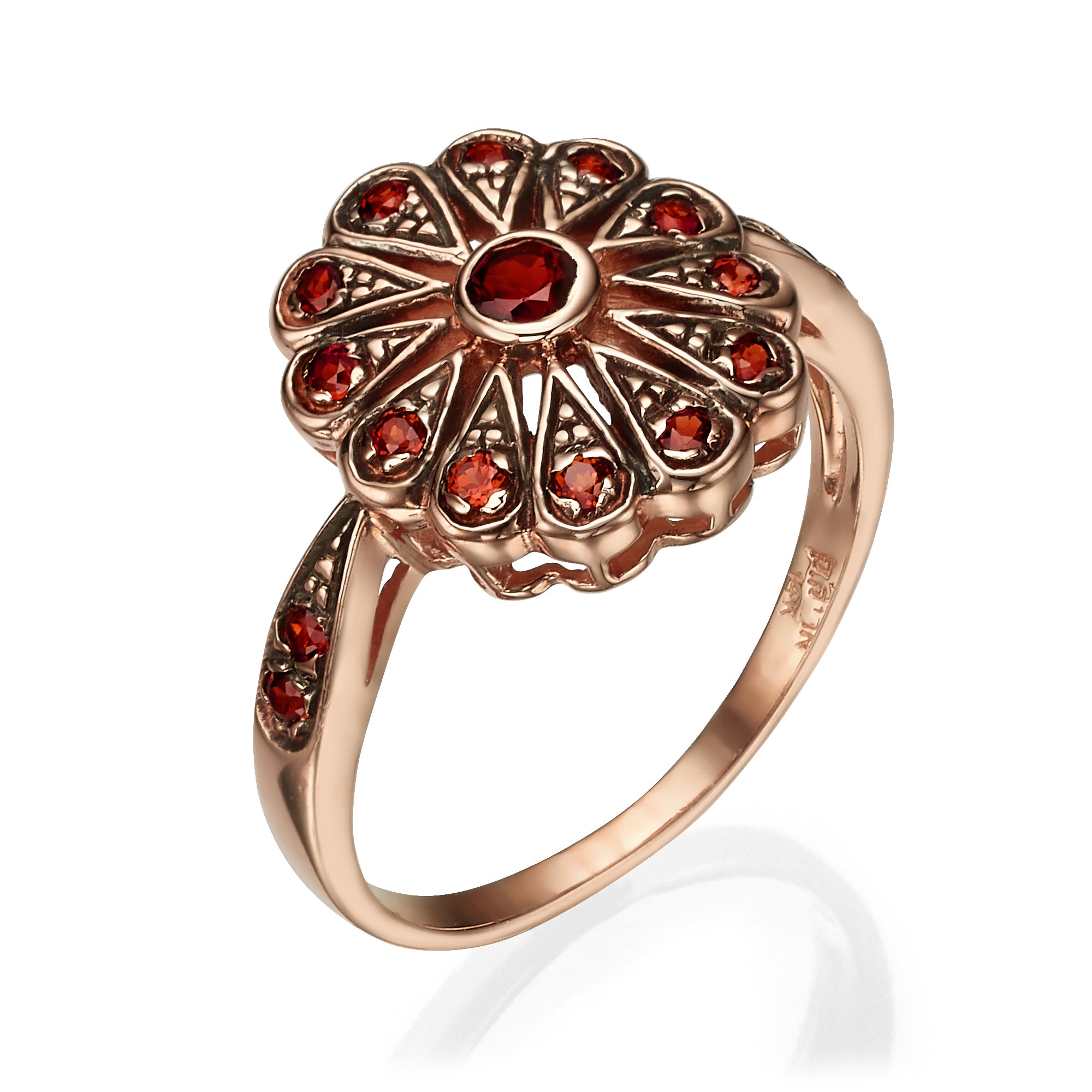 Gold Garnet Ring - 14K Rose Gold Antique Style Garnet Flower Ring