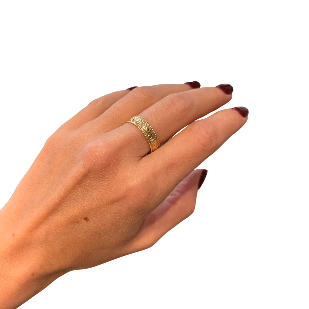 Ornate 14K Gold Wedding Band - Laser Engraved