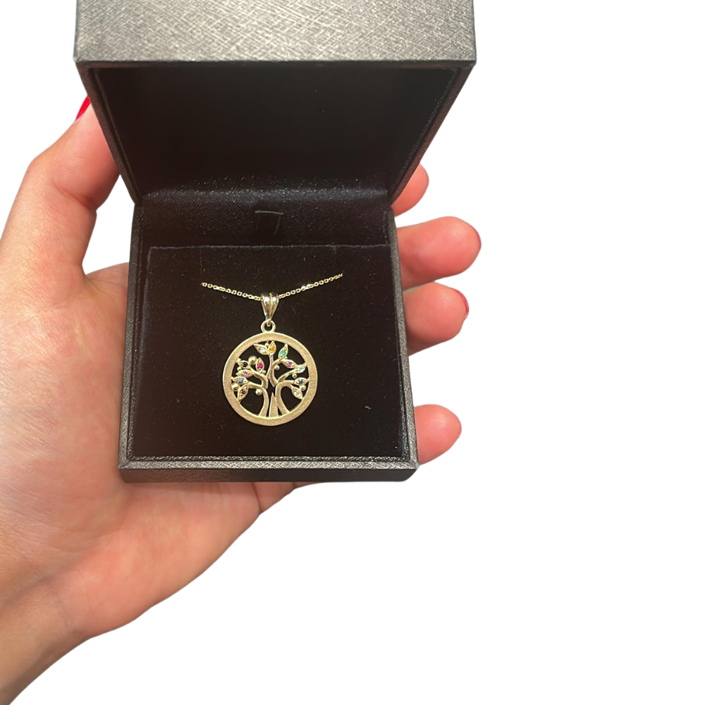 Colorful Tree of Life Pendant in 14K Gold with Semiprecious Stones