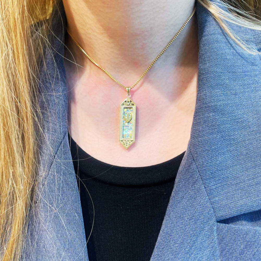 14k Gold Filigree Roman Glass Mezuzah Pendant