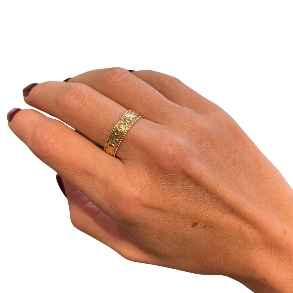 Ornate 14K Gold Wedding Band - Laser Engraved