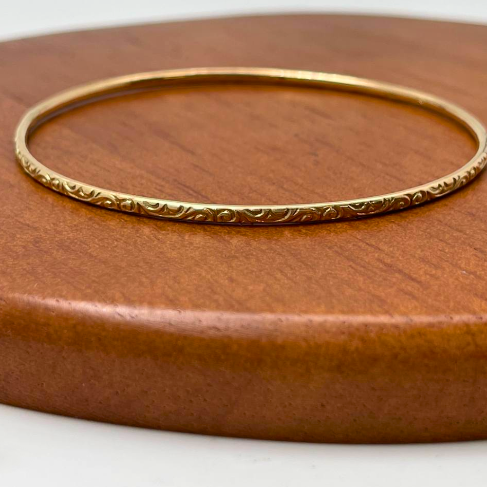 14K Gold Moroccan Bangle - Thin with Etched Design