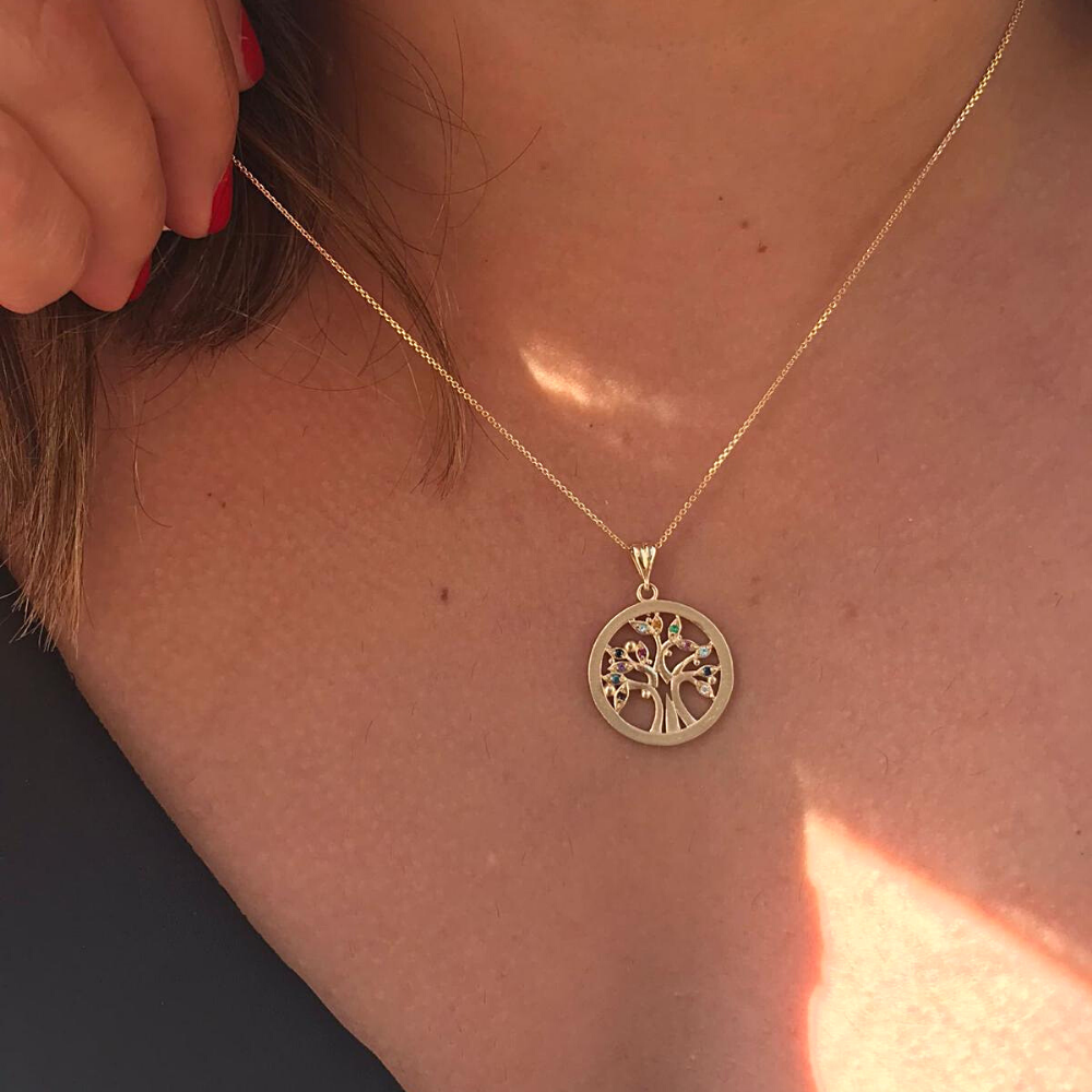 Colorful Tree of Life Pendant in 14K Gold with Semiprecious Stones