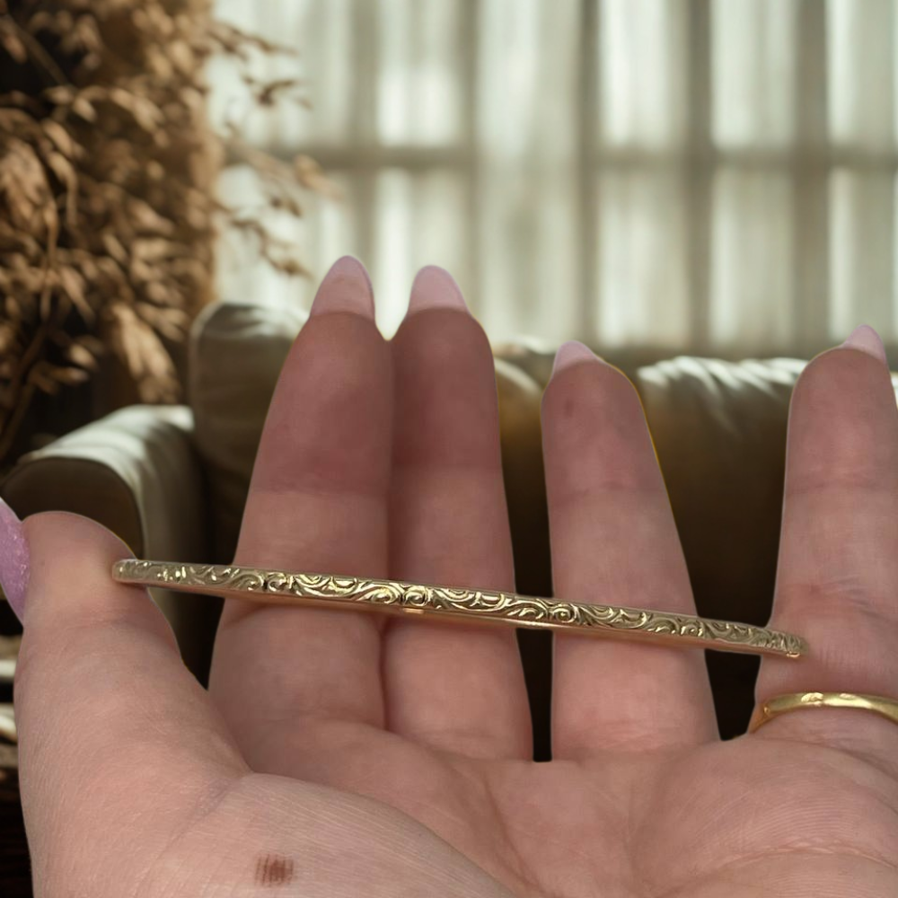 14K Gold Moroccan Bangle - Thin with Etched Design
