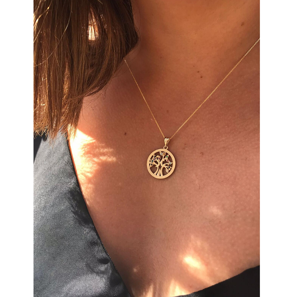 Colorful Tree of Life Pendant in 14K Gold with Semiprecious Stones