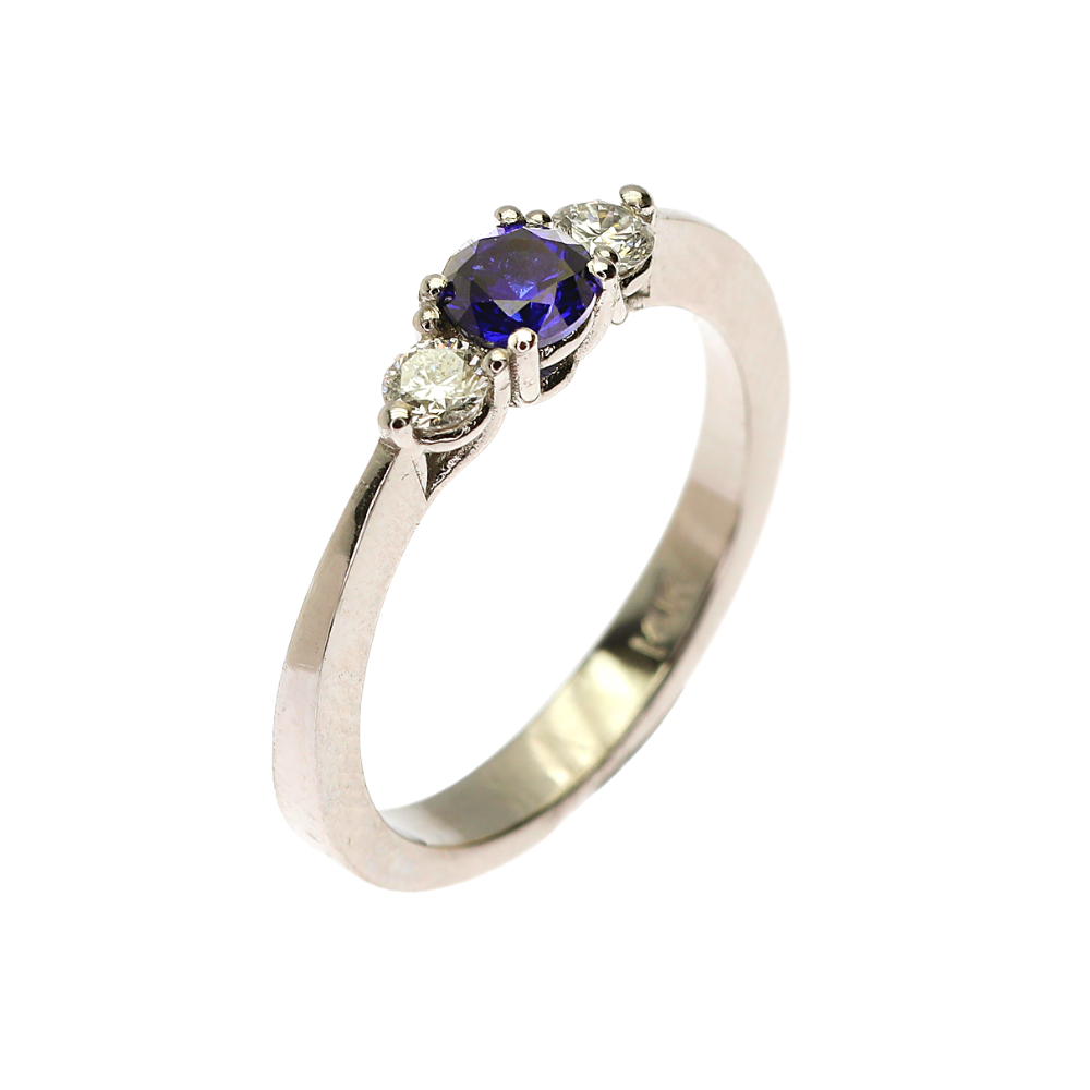 Sapphire & Diamond 3 Stone Ring in 14K White Gold