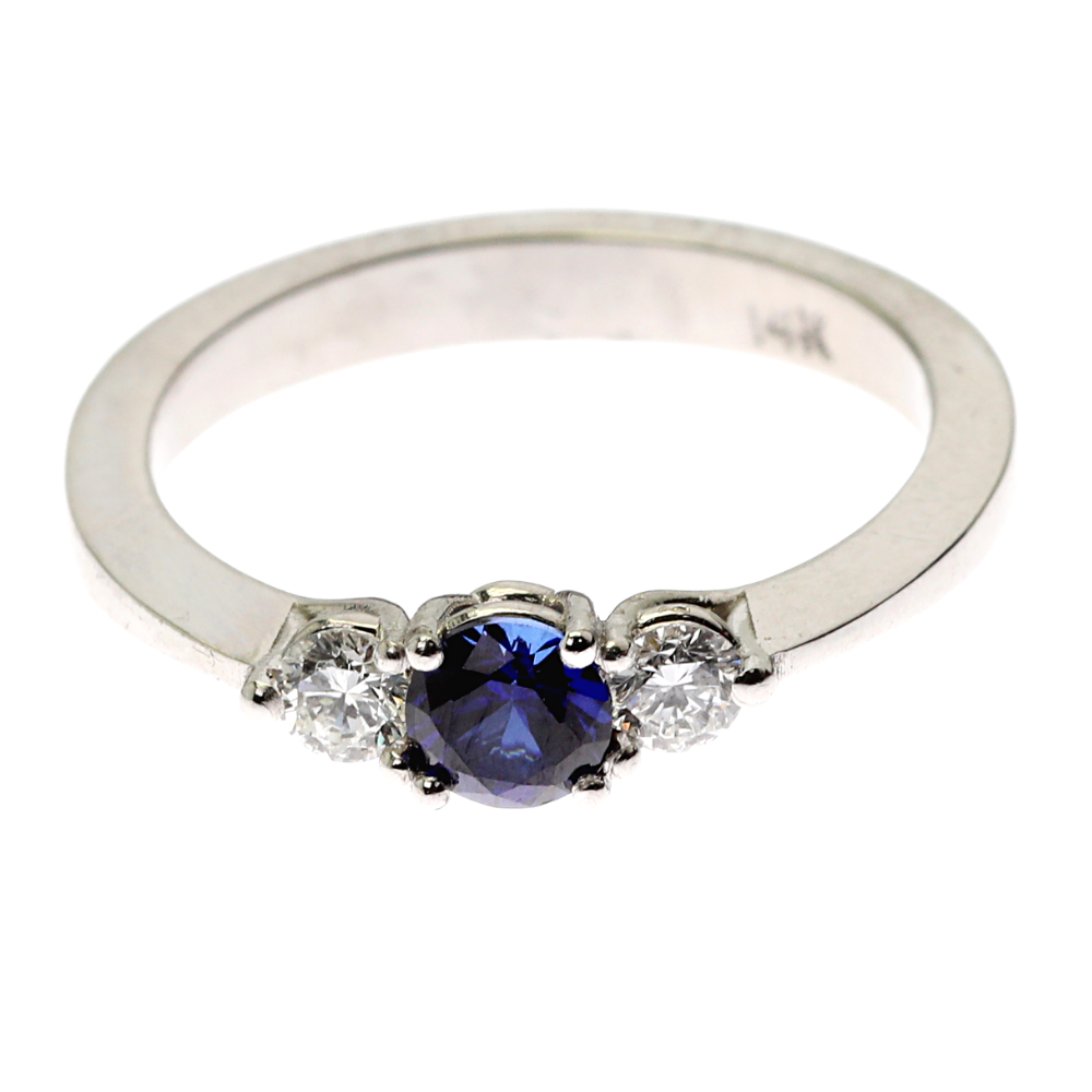 Sapphire & Diamond 3 Stone Ring in 14K White Gold