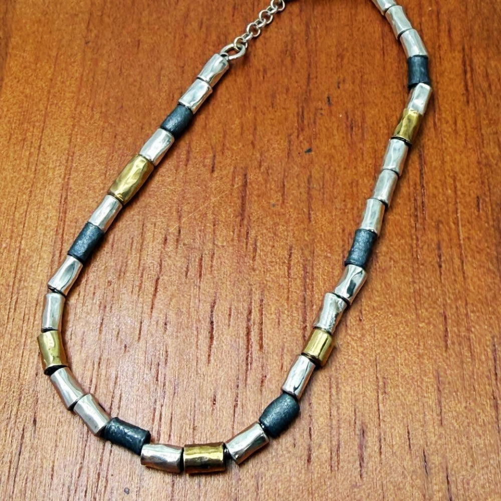 Handcrafted Mixed-Metal Israeli Beaded Bracelet – Sterling Silver, Oxidized Silver & Gold Plated Accent