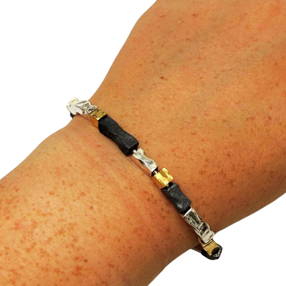 Handcrafted Israeli Mixed-Metal Bar Bracelet – Silver, Oxidized Silver & Gold Plated