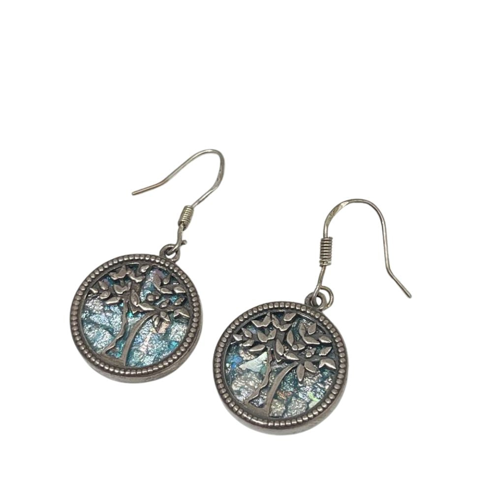 Tree of Life Earrings with Roman Glass in Sterling Silver