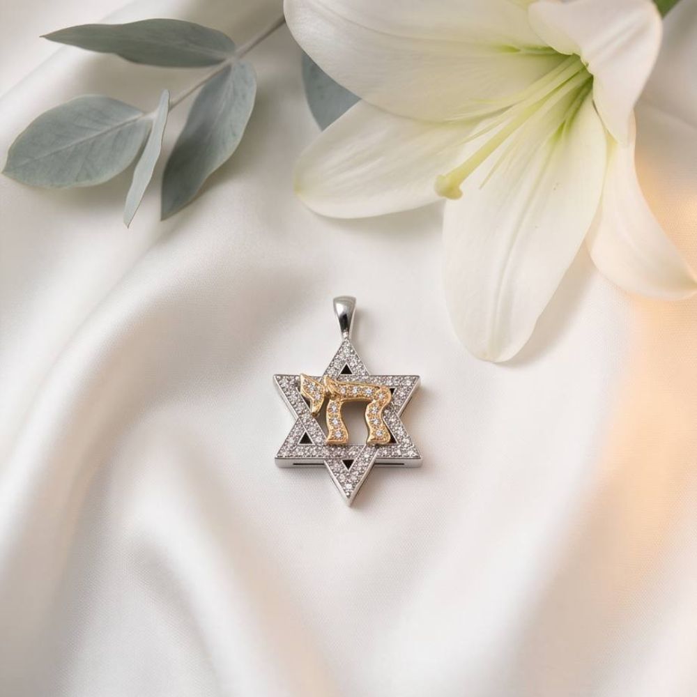 14K Two-Tone Gold Star of David & Chai Diamond Pendant