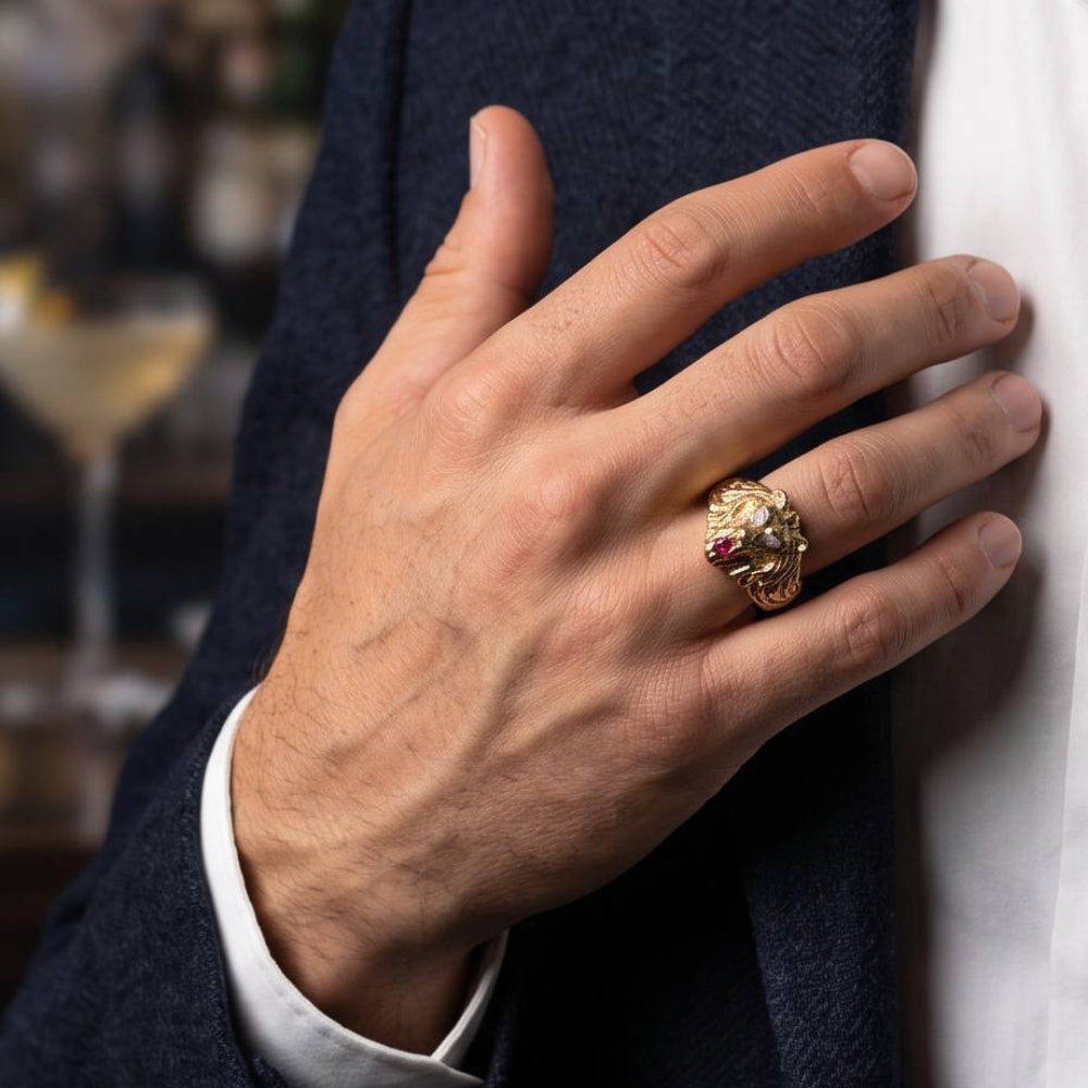 Diamond Lion of Judah Ruby Ring in 14k Yellow Gold