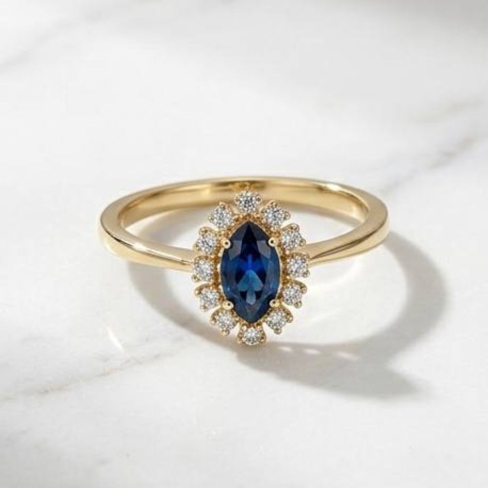 14K Yellow Gold Sapphire & Diamond Halo Ring