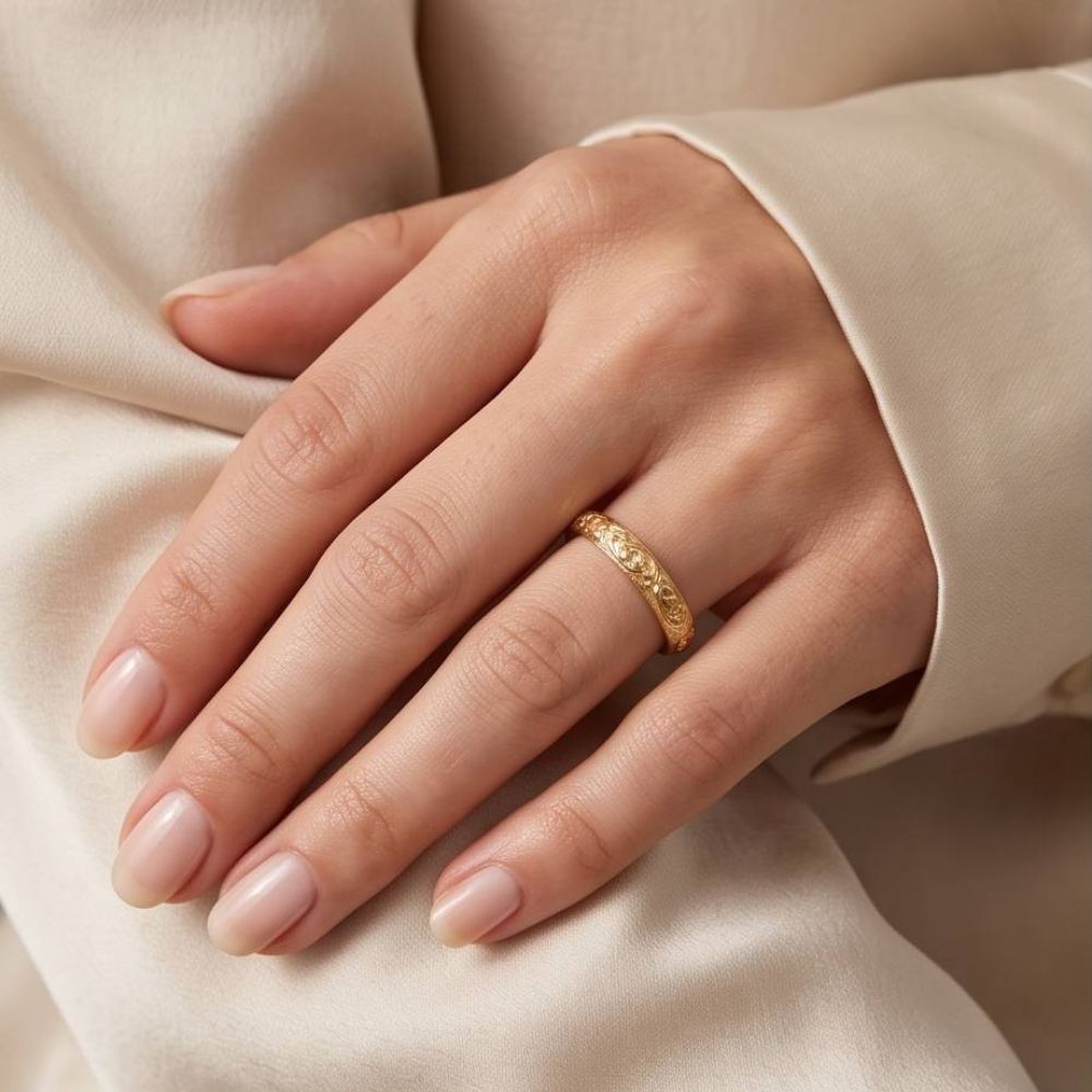 14K Solid Gold Floral Engraved Ring Vintage-Inspired Stackable