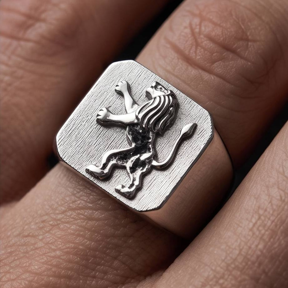 14K White Gold Lion of Judah Signet Ring Jewish Symbol Men's Statement Ring
