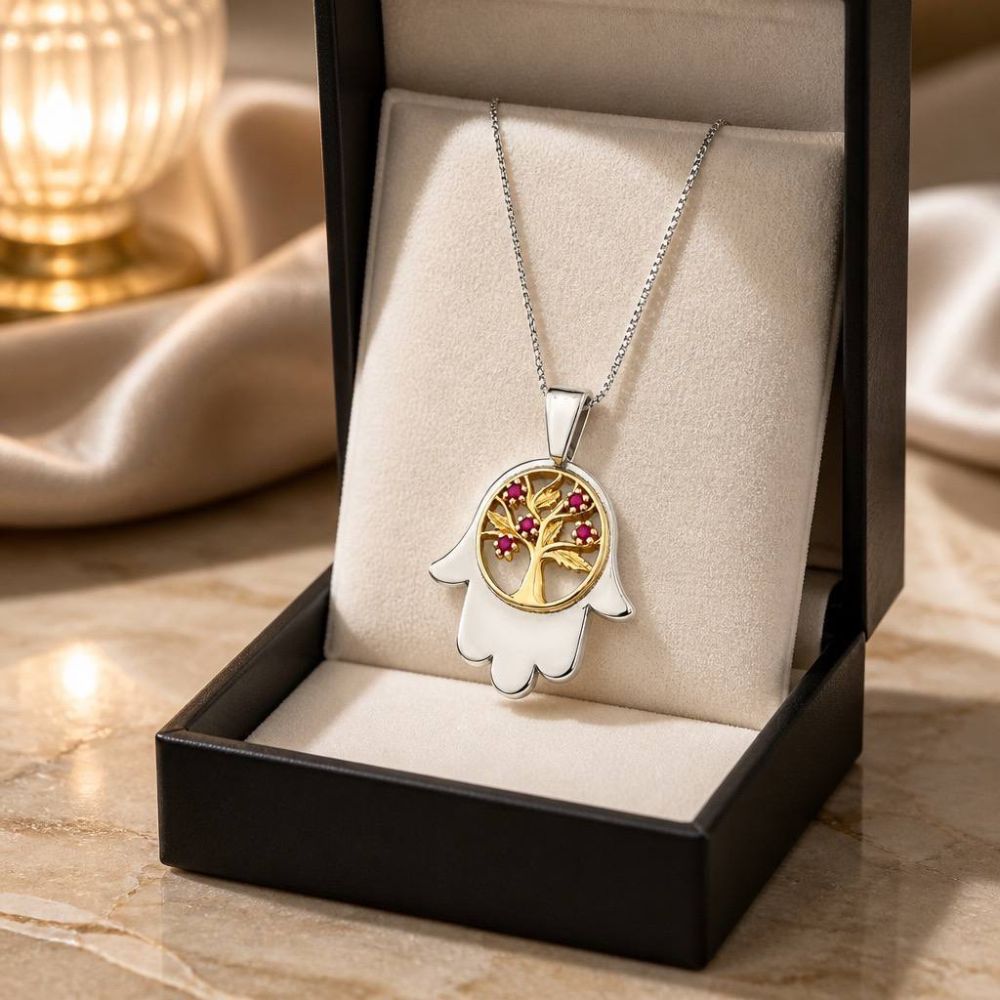 Sterling Silver & Gold Hamsa Tree of Life Pendant Necklace with Genuine Rubies