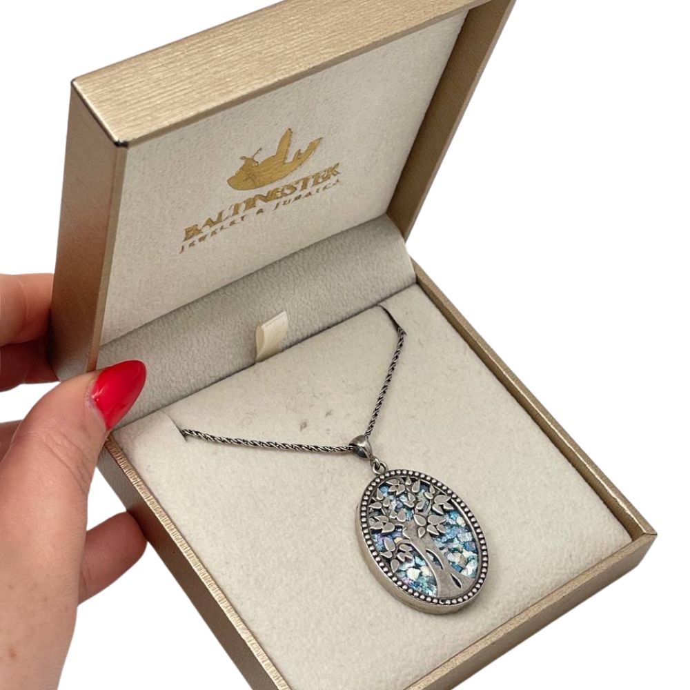 Tree of Life Necklace with Roman Glass in Sterling Silver Oval