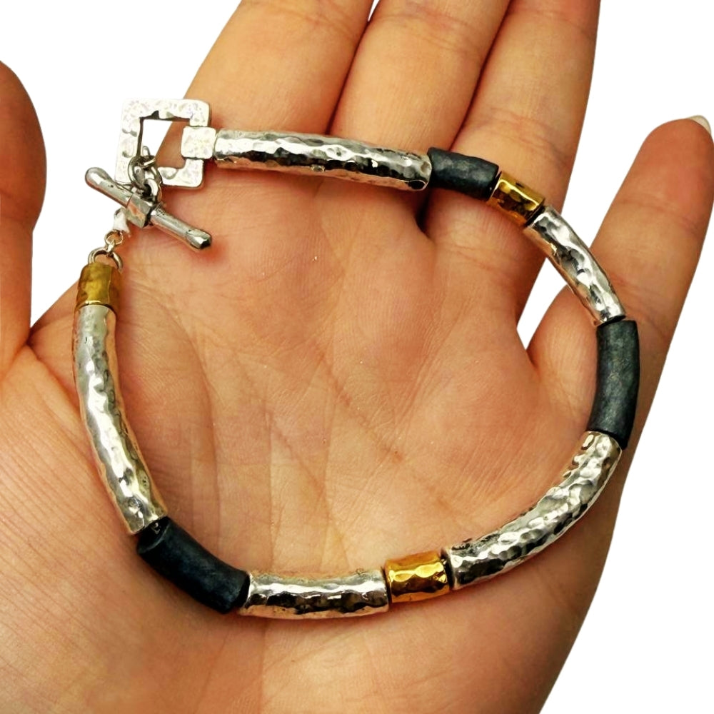 Lightweight Israeli Silver Bracelet – Oxidized Silver & Gold Plated Hammered Jewelry