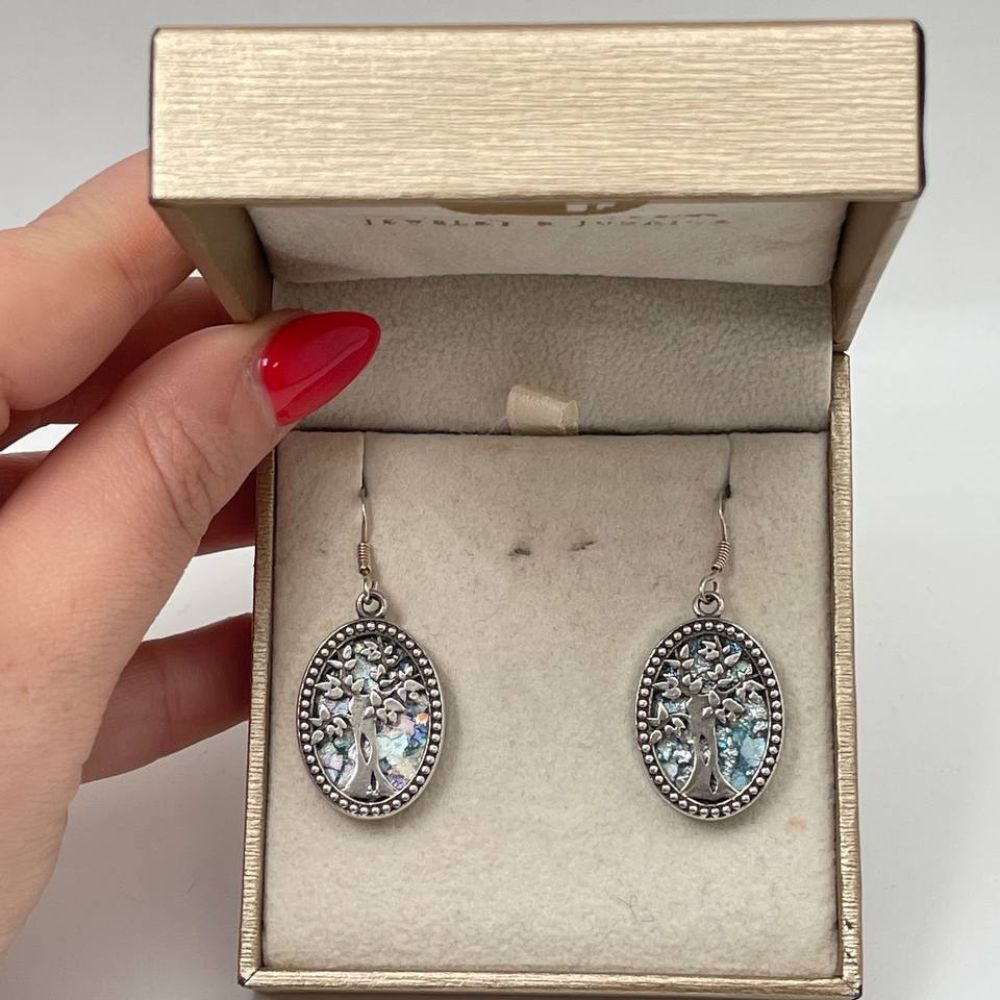 Oval Tree of Life Earrings with Roman Glass in Sterling Silver