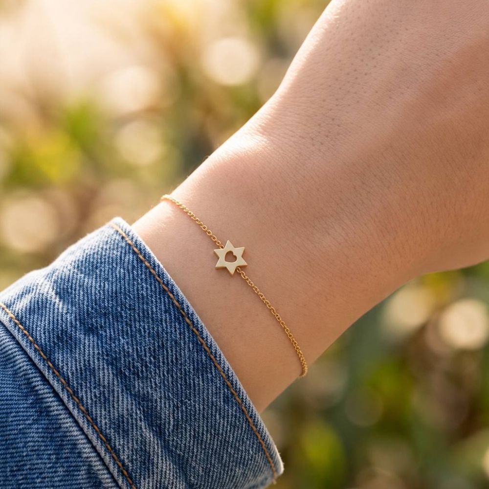 14K Yellow Gold Star of David Heart Bracelet