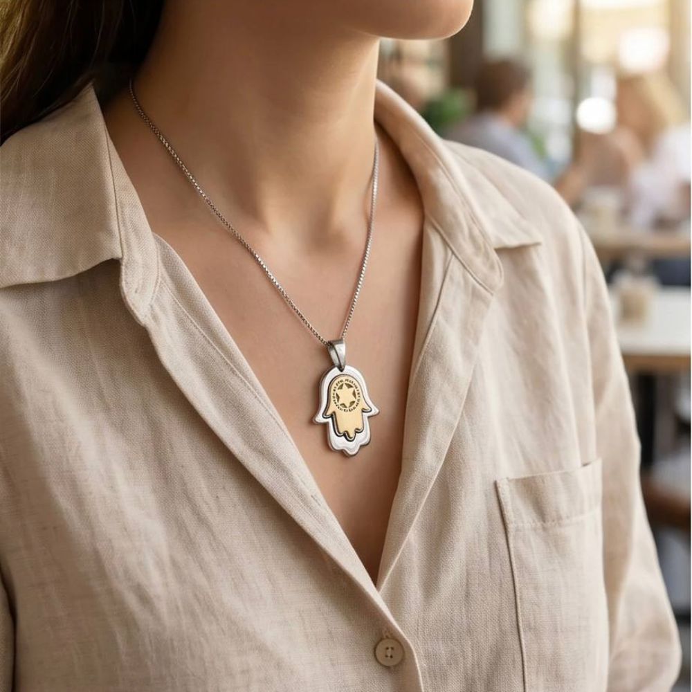 Sterling Silver & 9K Gold Hamsa Star of David Necklace