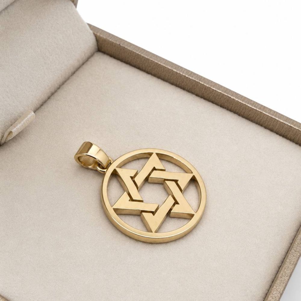 14K Solid Gold Round Star of David Pendant