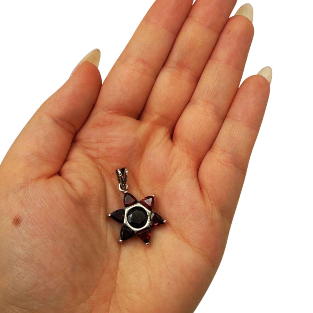 925 Sterling Silver Natural Garnet Star of David Pendant  Magen David Necklace