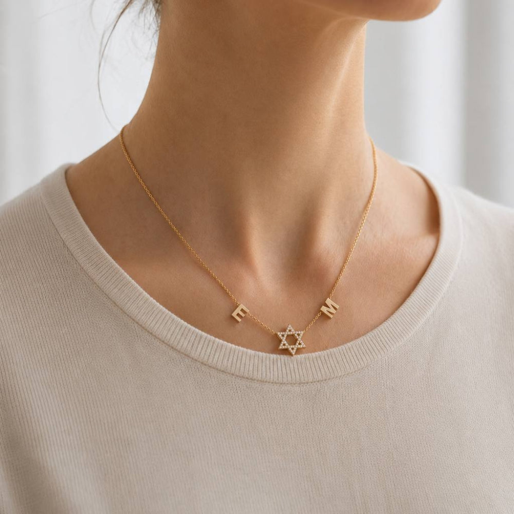 14K Gold Diamond Star of David Personalized Initials Necklace