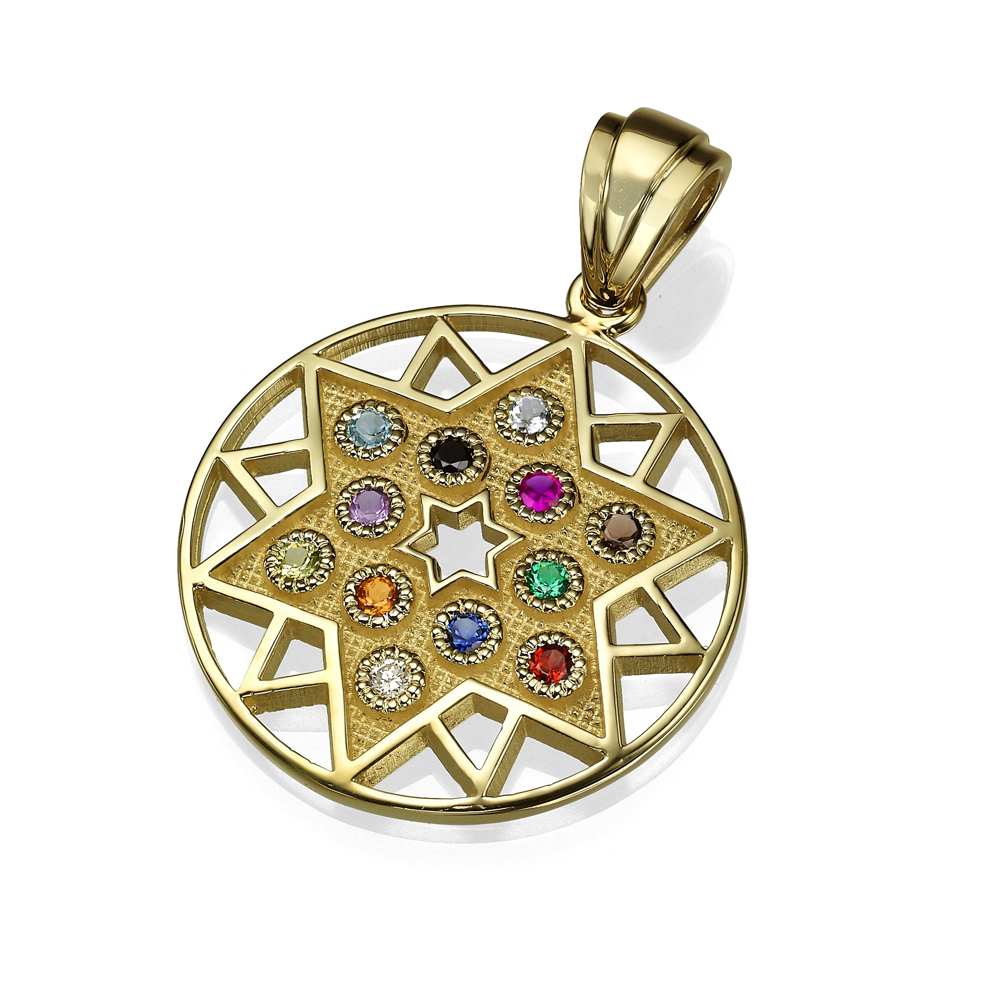 Star of David PENDANT - 14K Yellow Gold Cut-out - Circular Pendant with Hoshen Gemstones