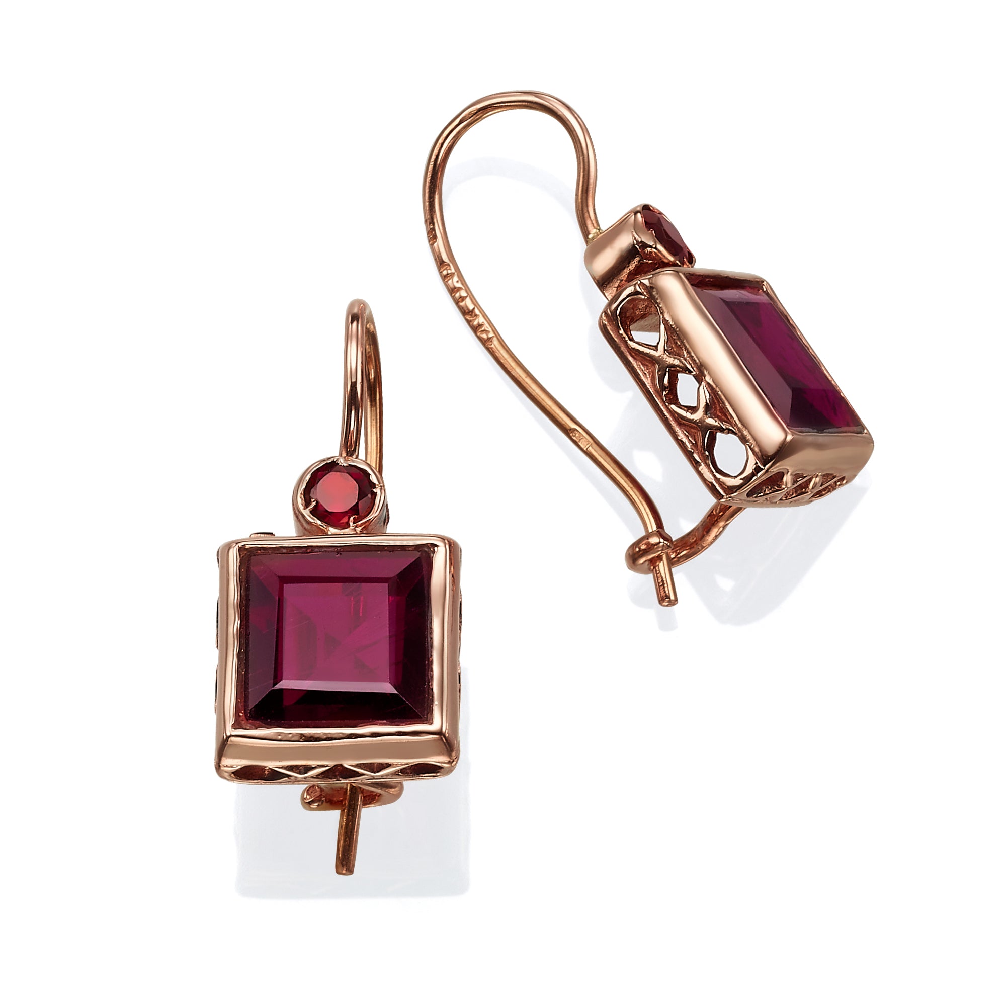 14K Rose Gold Square Garnet Earrings