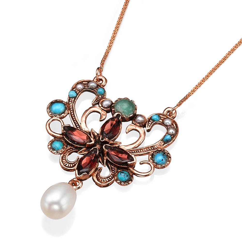 Israeli Designer Gemstone Butterfly Rose Gold Necklace